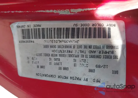 1990 Mazda Mx-5 Miata from USA, damaged, VIN JM1NA351XL0133200